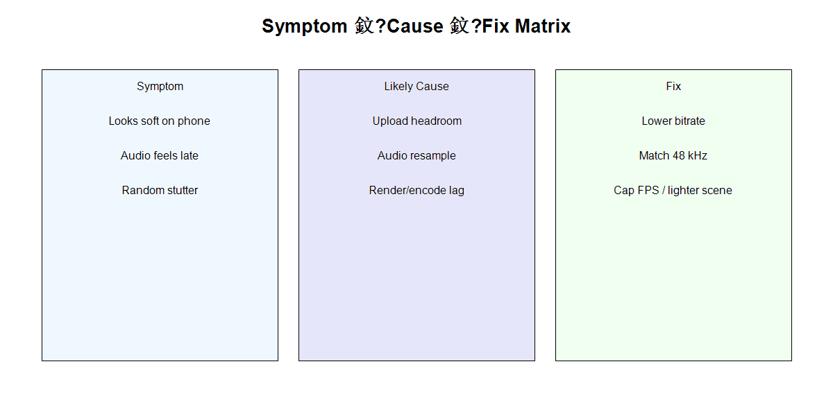 Symptom to cause to fix matrix for TikTok Live OBS output issues