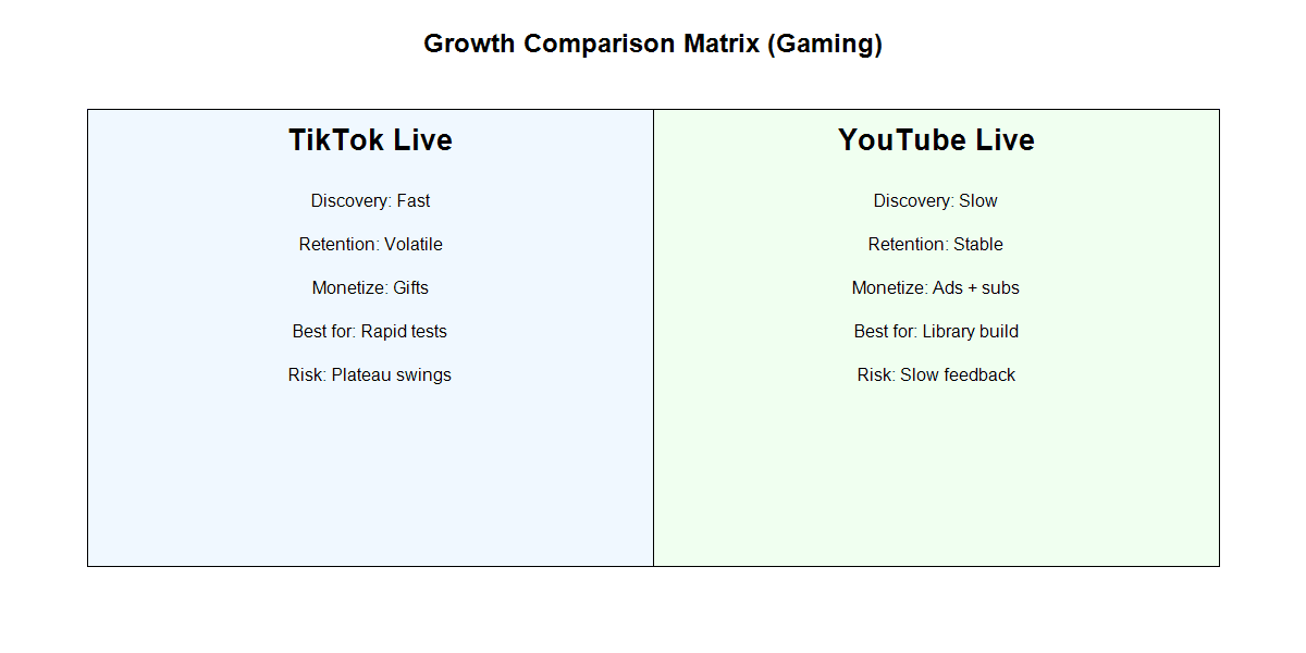 TikTok Live vs YouTube Live growth comparison matrix for gaming
