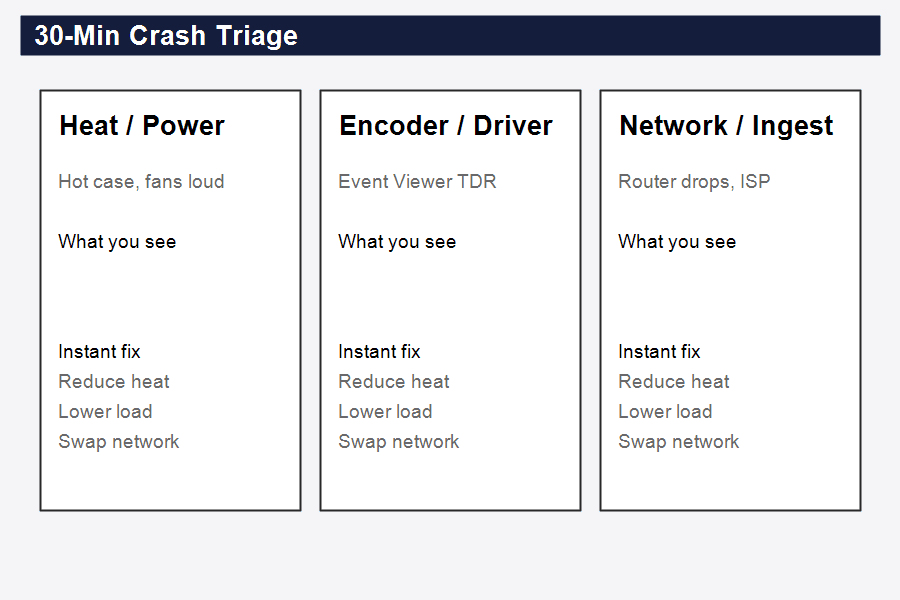 Three-column crash triage with heat, encoder, and network buckets
