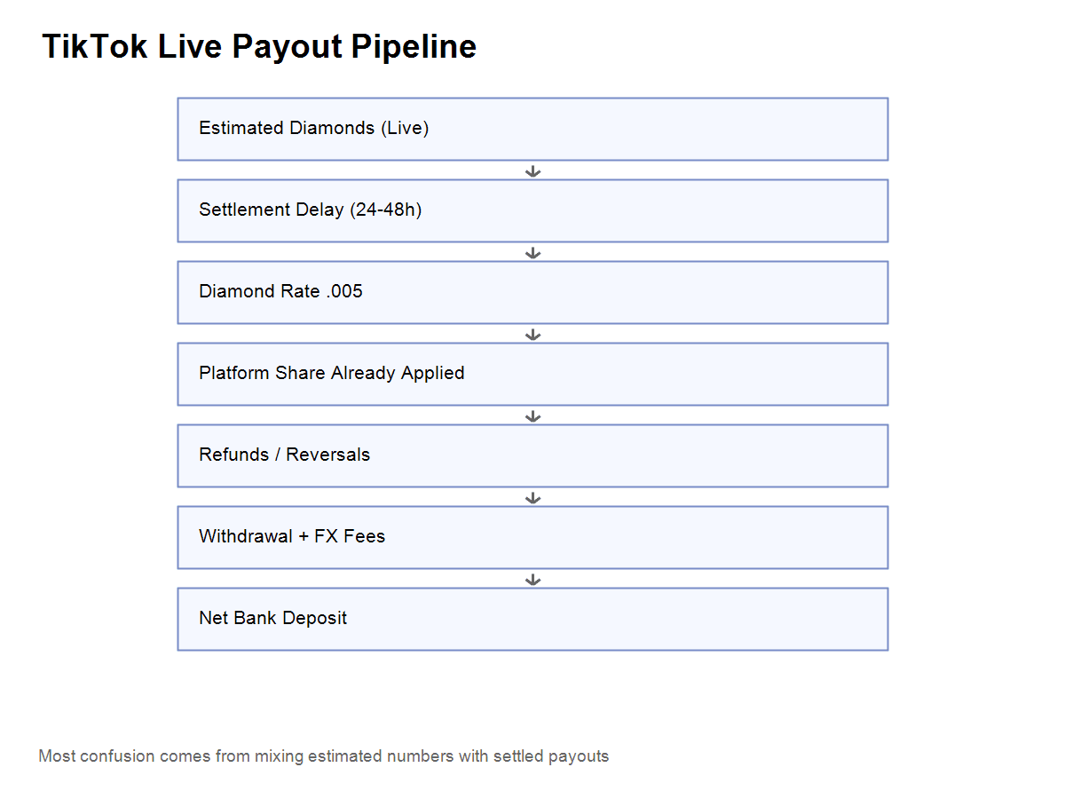 TikTok Live payout pipeline from diamonds to bank deposit
