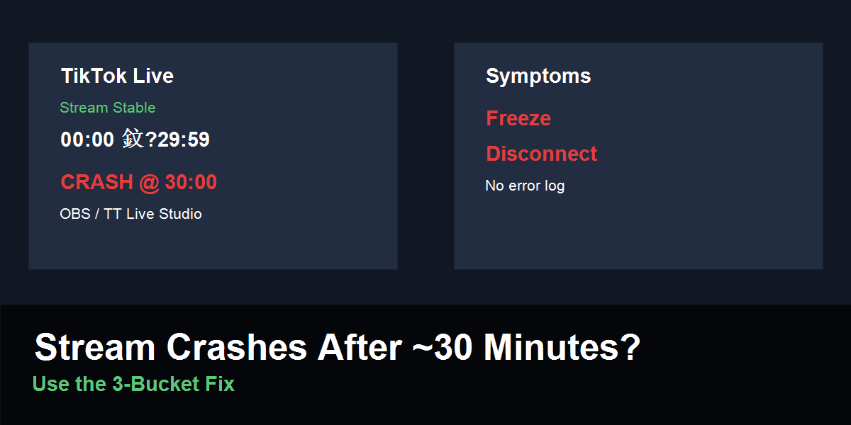 TikTok Live stream crashes after 30 minutes banner showing a 30:00 timer and crash warning